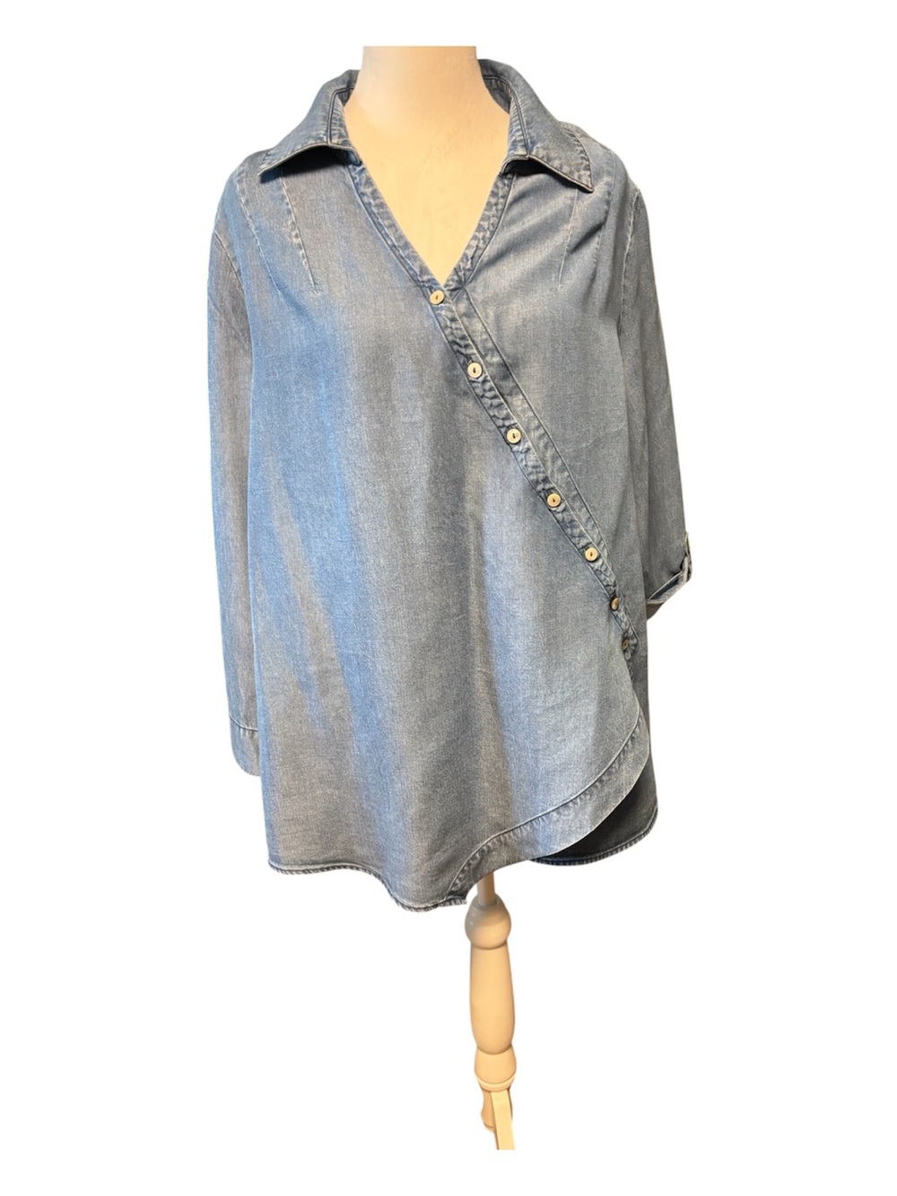 Soft Surroundings Light Denim Tensel Asymmetric Button-Detail Shirt